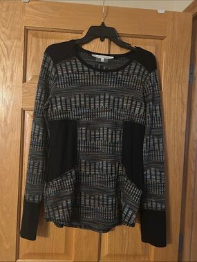 RACHEL Rachel Roy Black Multicolor Patterned Long-Sleeve Top
